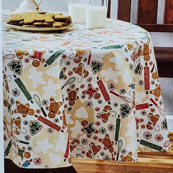 70" Round Vinyl Tablecloth Gingerbread Man & Candies Christmas Peva Holiday Time - Picture 2 of 6